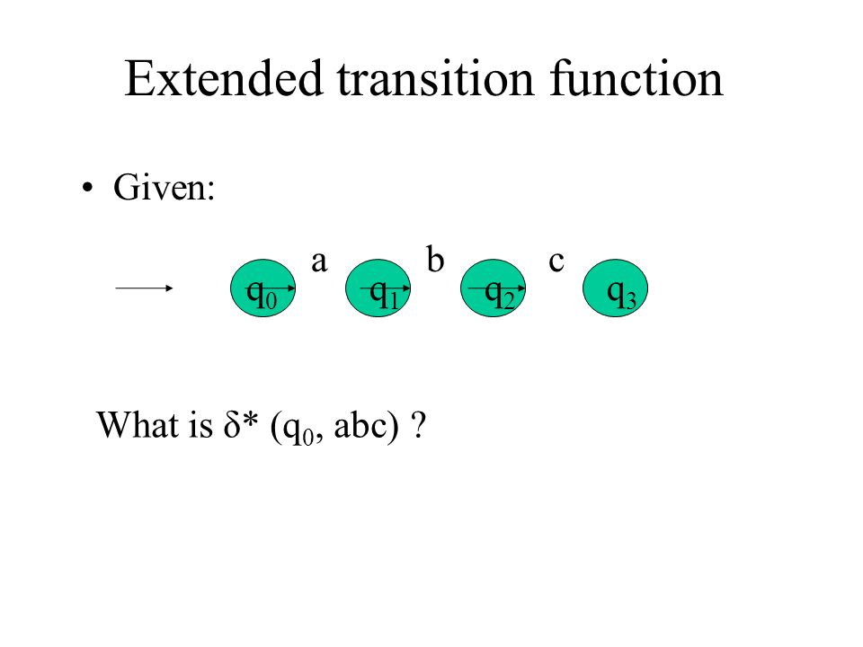 Extended transition function Given: abc q0q0 q1q1 q2q2 q3q3 What is δ* (q 0, abc)
