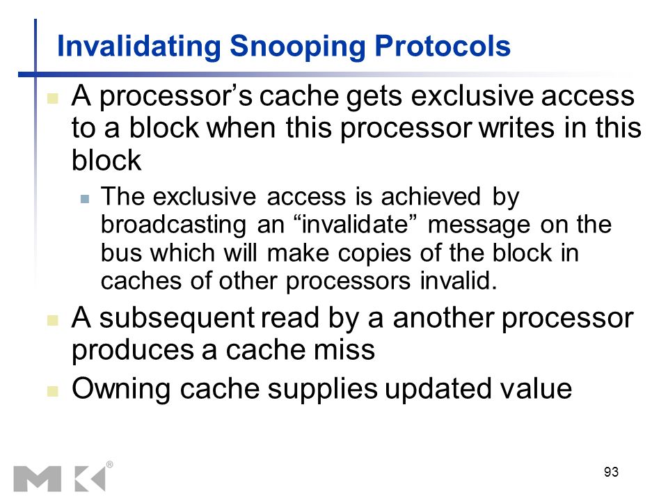 Invalidating Snooping Protocols A processor’s cache gets exclusive access to a block when this processor writes in this block The exclusive access is achieved by broadcasting an invalidate message on the bus which will make copies of the block in caches of other processors invalid.
