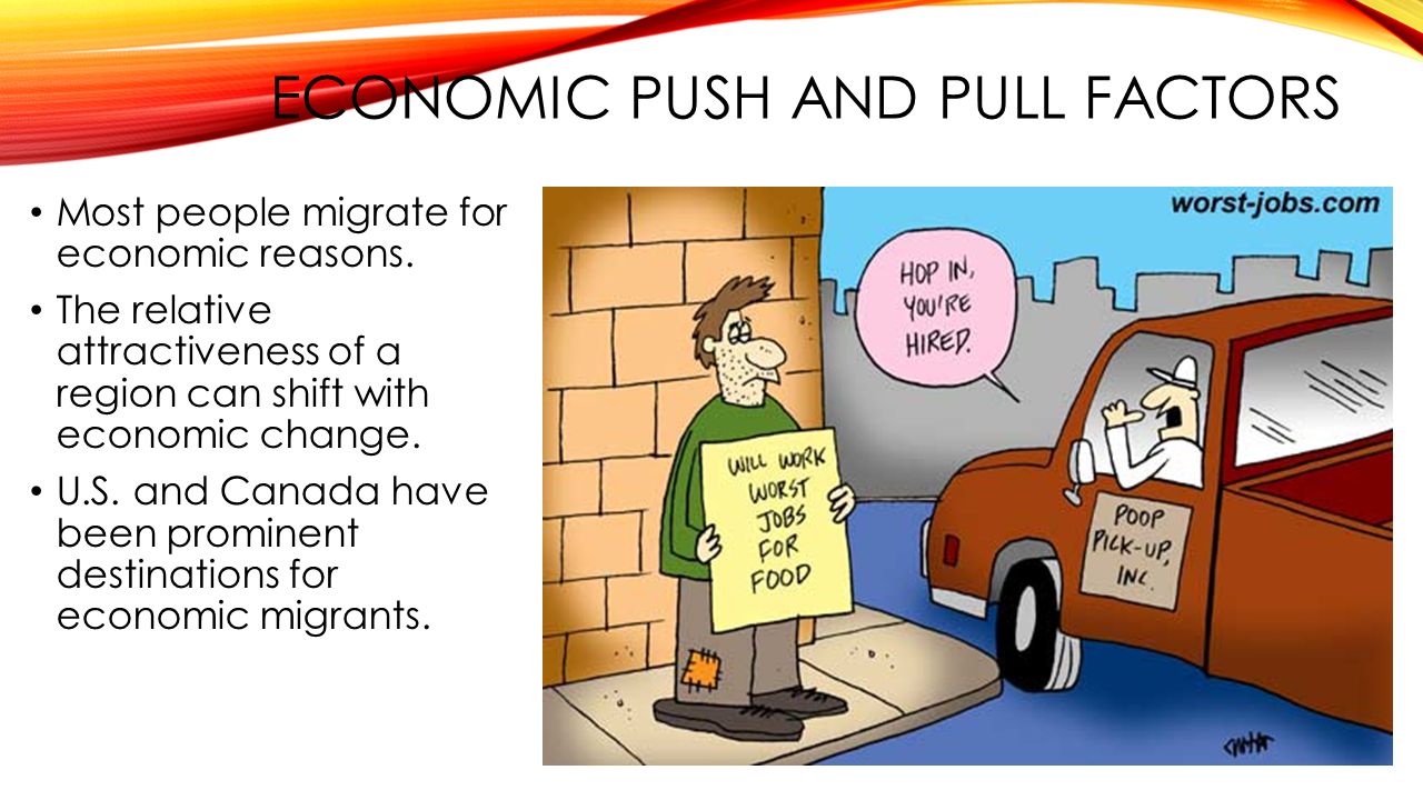 ECONOMIC PUSH AND PULL FACTORS Most people migrate for economic reasons.