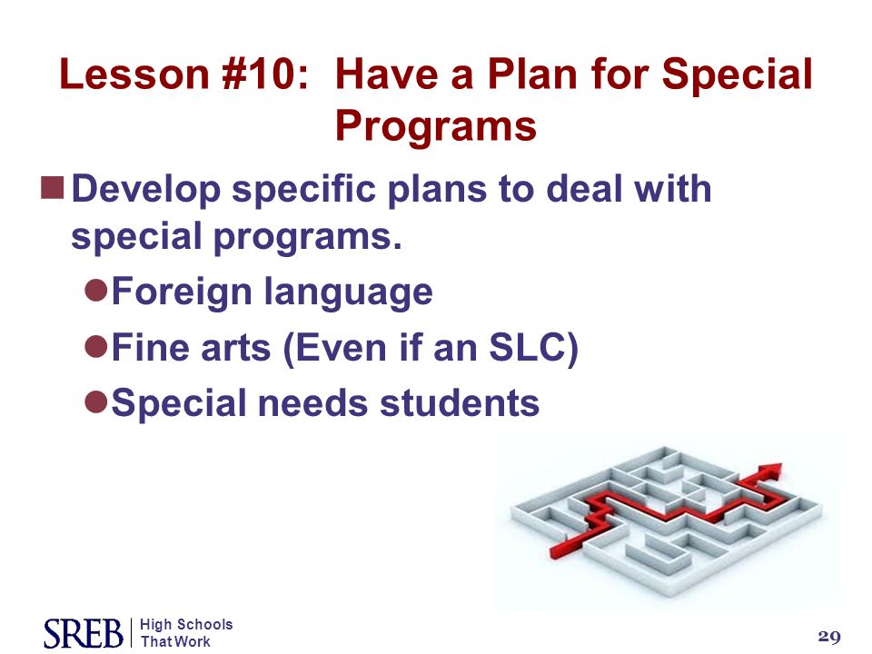 High Schools That Work 29 Lesson #10: Have a Plan for Special Programs Develop specific plans to deal with special programs.