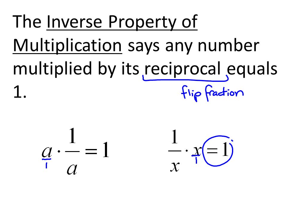 The Inverse Property of Multiplication says any number multiplied by its reciprocal equals 1.