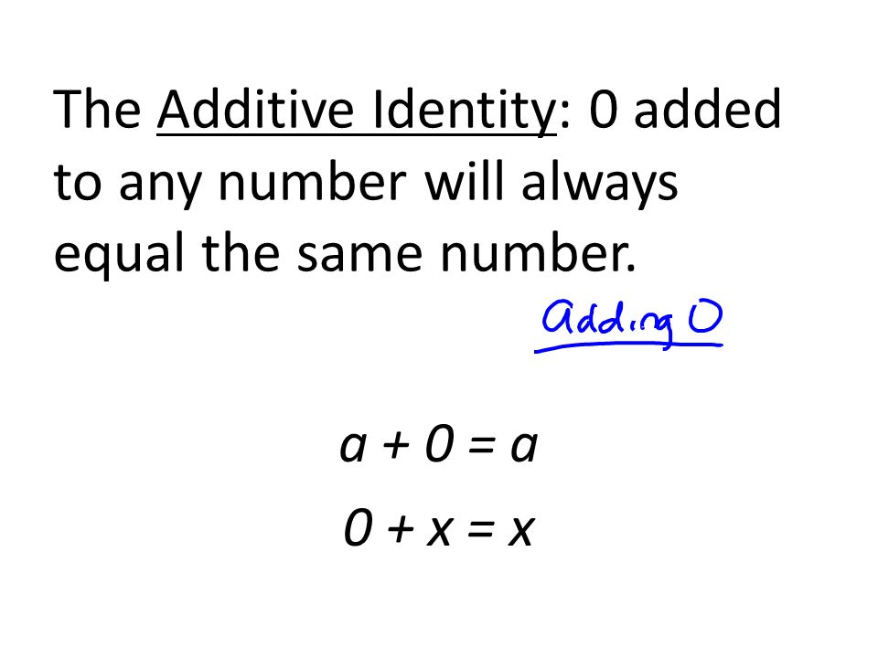 The Additive Identity: 0 added to any number will always equal the same number. a + 0 = a 0 + x = x