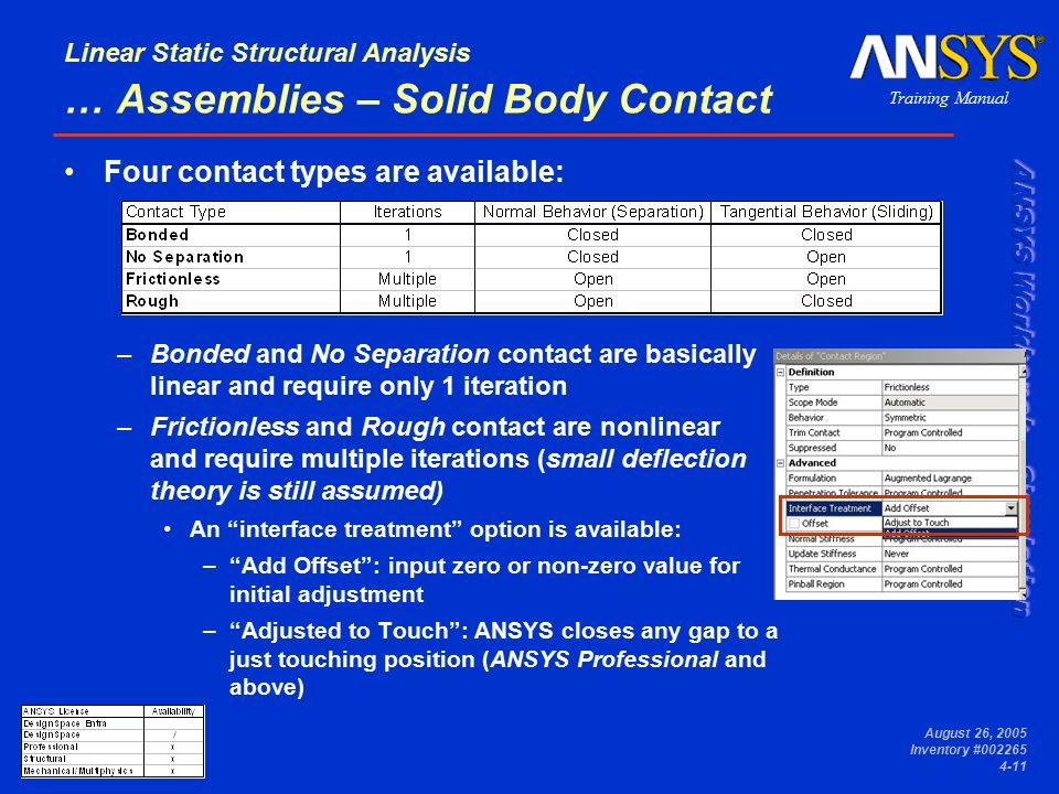 Training Manual Linear Static Structural Analysis August 26, 2005 Inventory # … Assemblies – Solid Body Contact Four contact types are available: –Bonded and No Separation contact are basically linear and require only 1 iteration –Frictionless and Rough contact are nonlinear and require multiple iterations (small deflection theory is still assumed) An interface treatment option is available: – Add Offset : input zero or non-zero value for initial adjustment – Adjusted to Touch : ANSYS closes any gap to a just touching position (ANSYS Professional and above)