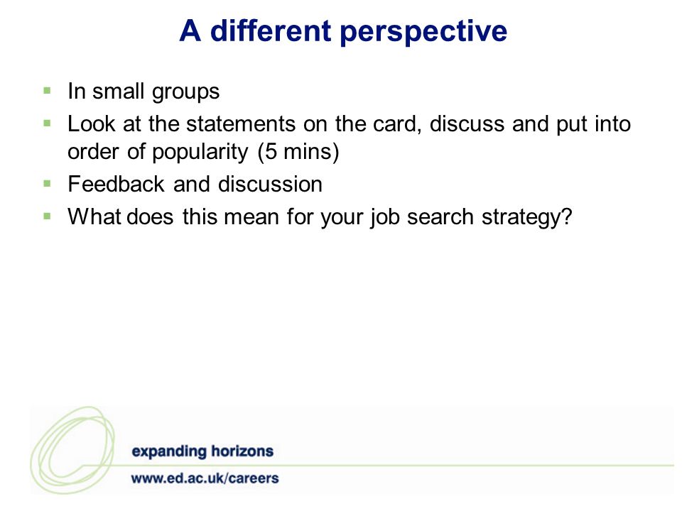 A different perspective  In small groups  Look at the statements on the card, discuss and put into order of popularity (5 mins)  Feedback and discussion  What does this mean for your job search strategy