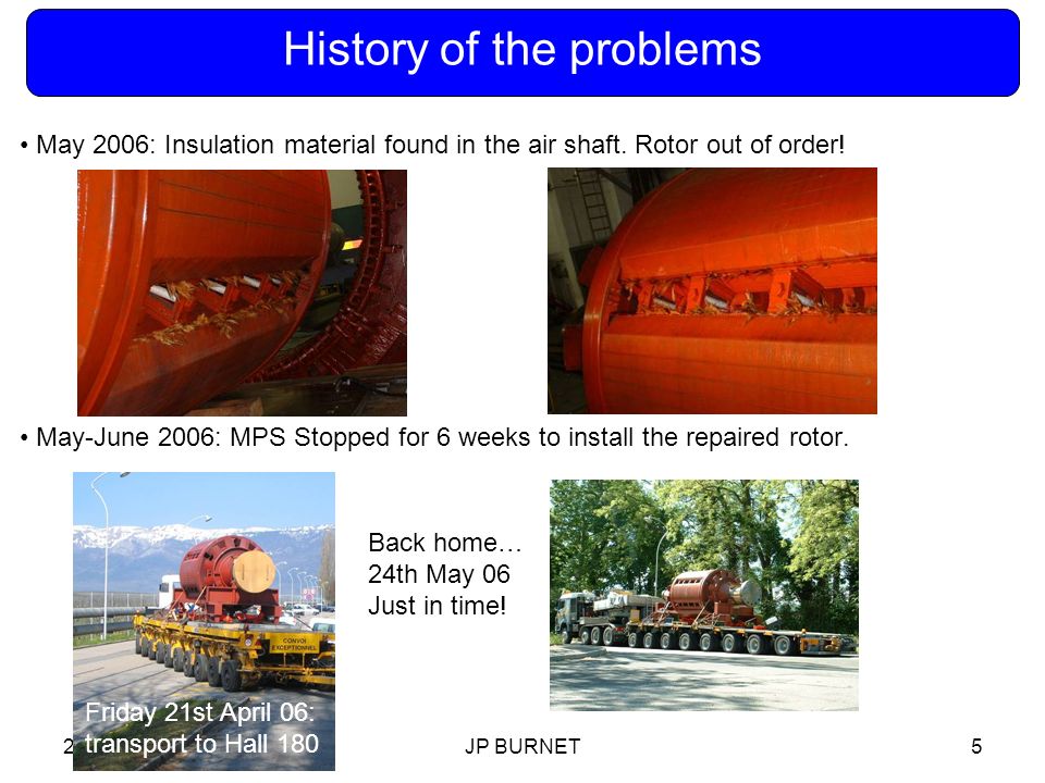 JP BURNET5 History of the problems May 2006: Insulation material found in the air shaft.