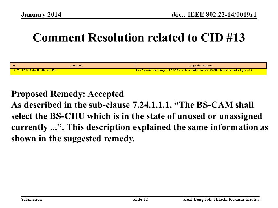 doc.: IEEE /0019r1 Submission January 2014 Keat-Beng Toh, Hitachi Kokusai ElectricSlide 12 Comment Resolution related to CID #13 Proposed Remedy: Accepted As described in the sub-clause , The BS-CAM shall select the BS-CHU which is in the state of unused or unassigned currently... .