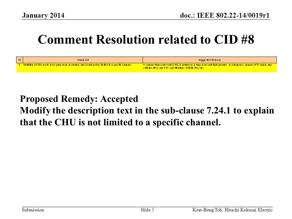 doc.: IEEE /0019r1 Submission January 2014 Keat-Beng Toh, Hitachi Kokusai ElectricSlide 5 Comment Resolution related to CID #8 Proposed Remedy: Accepted Modify the description text in the sub-clause to explain that the CHU is not limited to a specific channel.