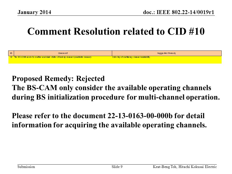 doc.: IEEE /0019r1 Submission January 2014 Keat-Beng Toh, Hitachi Kokusai ElectricSlide 9 Comment Resolution related to CID #10 Proposed Remedy: Rejected The BS-CAM only consider the available operating channels during BS initialization procedure for multi-channel operation.