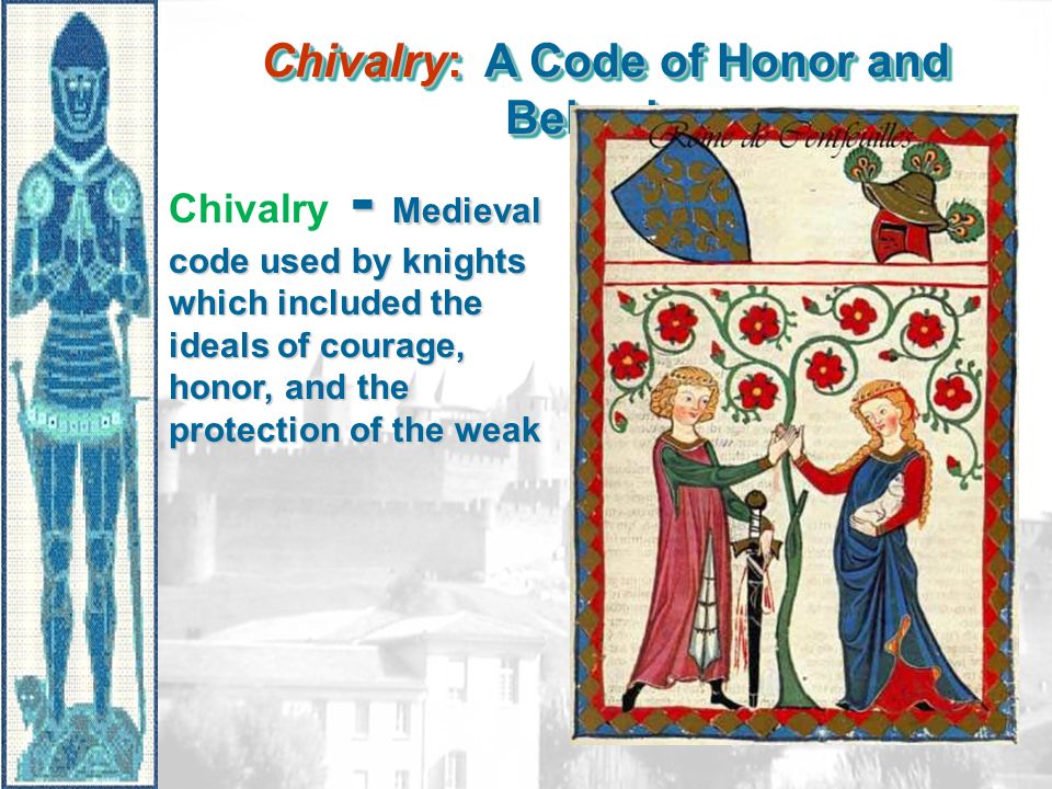Chivalry: A Code of Honor and Behavior - Medieval code used by knights which included the ideals of courage, honor, and the protection of the weak Chivalry - Medieval code used by knights which included the ideals of courage, honor, and the protection of the weak