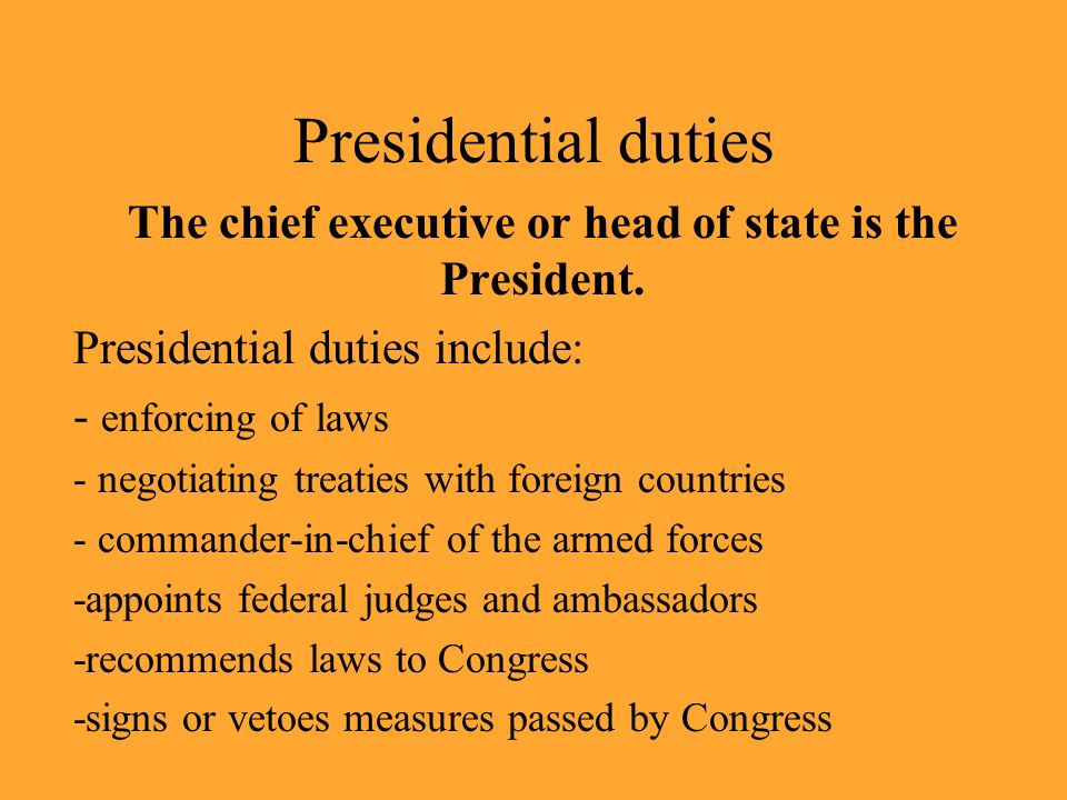 Presidential duties The chief executive or head of state is the President.