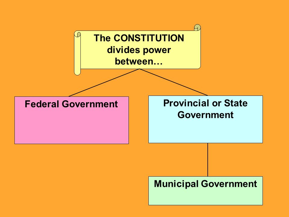 The CONSTITUTION divides power between… Federal Government Provincial or State Government Municipal Government