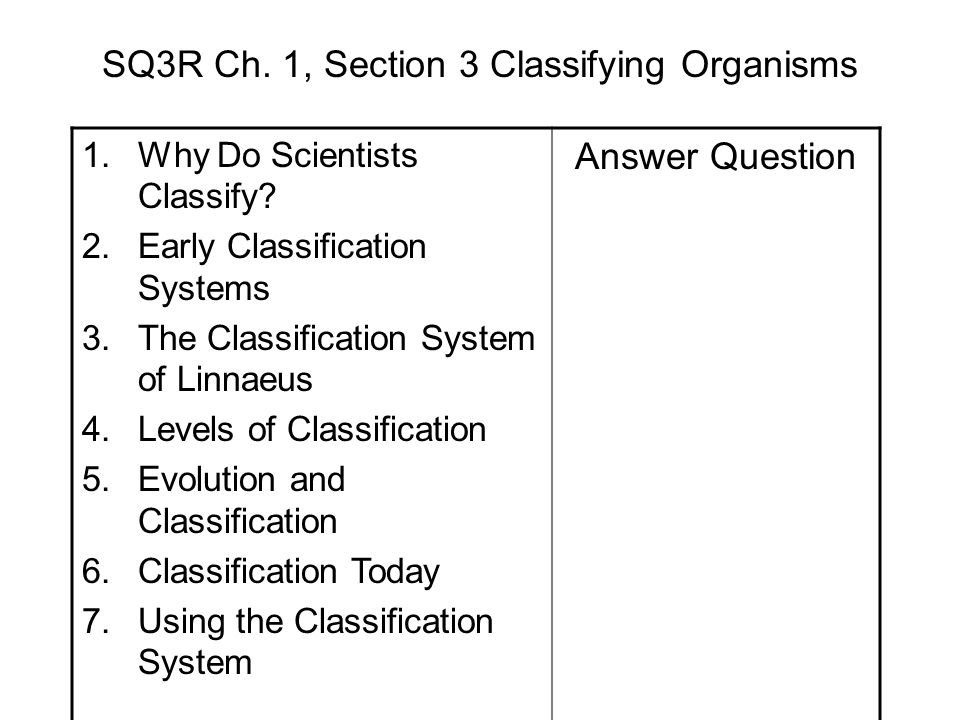 SQ3R Ch. 1, Section 3 Classifying Organisms 1.Why Do Scientists Classify.