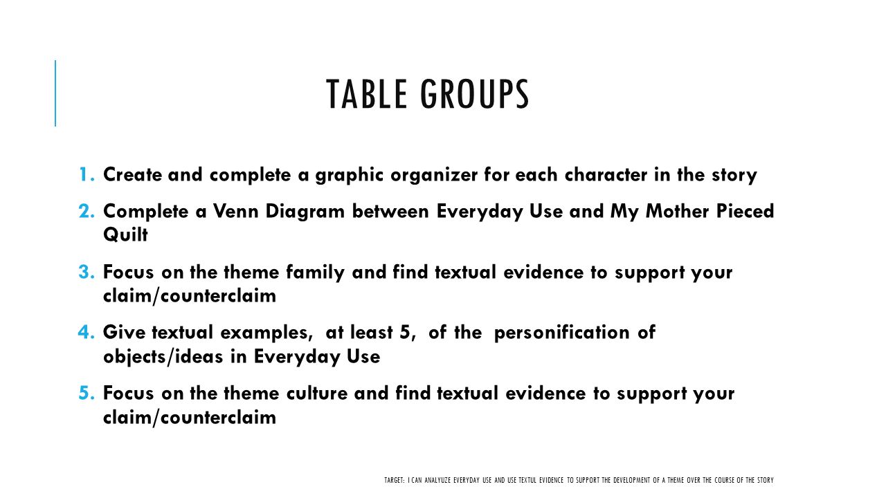 TABLE GROUPS 1.Create and complete a graphic organizer for each character in the story 2.Complete a Venn Diagram between Everyday Use and My Mother Pieced Quilt 3.Focus on the theme family and find textual evidence to support your claim/counterclaim 4.Give textual examples, at least 5, of the personification of objects/ideas in Everyday Use 5.Focus on the theme culture and find textual evidence to support your claim/counterclaim TARGET: I CAN ANALYUZE EVERYDAY USE AND USE TEXTUL EVIDENCE TO SUPPORT THE DEVELOPMENT OF A THEME OVER THE COURSE OF THE STORY