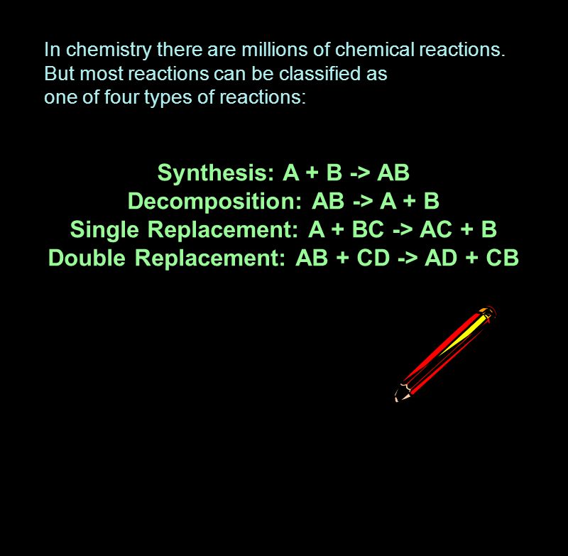 In chemistry there are millions of chemical reactions.