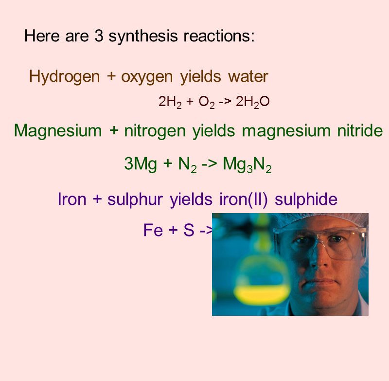 Here are 3 synthesis reactions: Hydrogen + oxygen yields water 2H 2 + O 2 -> 2H 2 O Magnesium + nitrogen yields magnesium nitride 3Mg + N 2 -> Mg 3 N 2 Iron + sulphur yields iron(II) sulphide Fe + S -> FeS