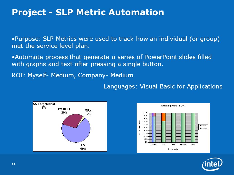 11 Project - SLP Metric Automation Purpose: SLP Metrics were used to track how an individual (or group) met the service level plan.