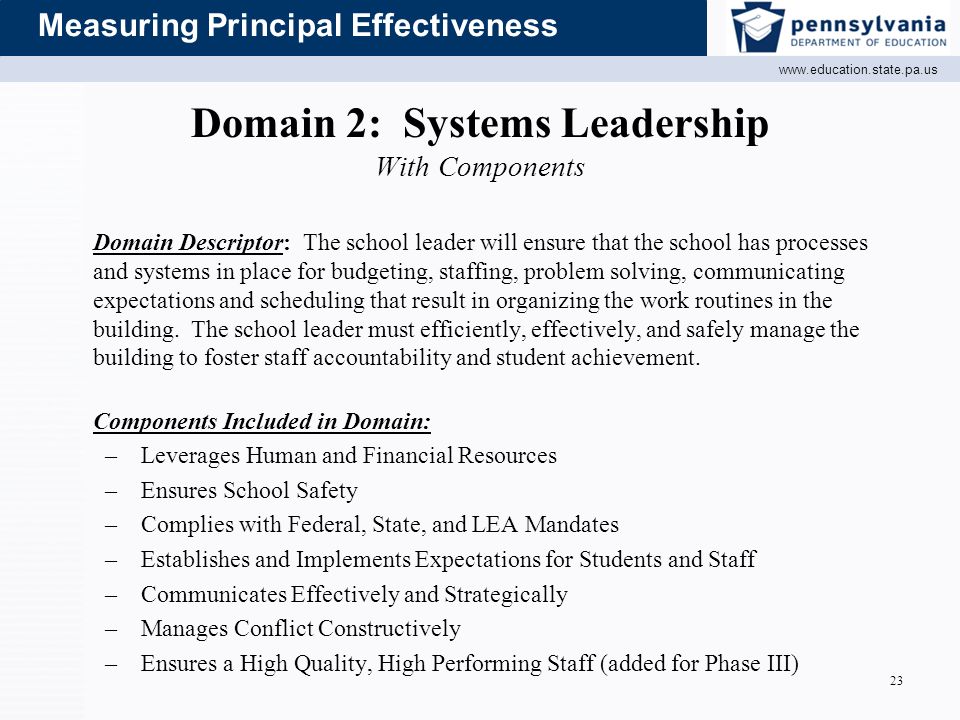 Measuring Principal Effectiveness Domain 2: Systems Leadership With Components Domain Descriptor: The school leader will ensure that the school has processes and systems in place for budgeting, staffing, problem solving, communicating expectations and scheduling that result in organizing the work routines in the building.