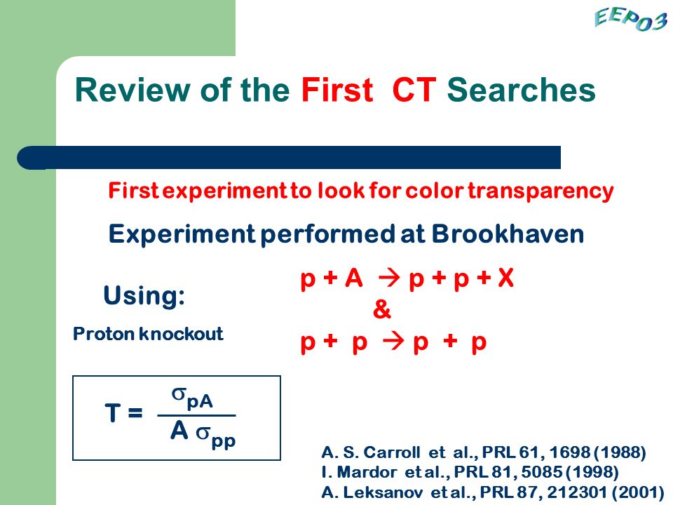Review of the First CT Searches First experiment to look for color transparency Experiment performed at Brookhaven Using: p + A  p + p + X & p + p  p + p Proton knockout T =  A  pA pp A.