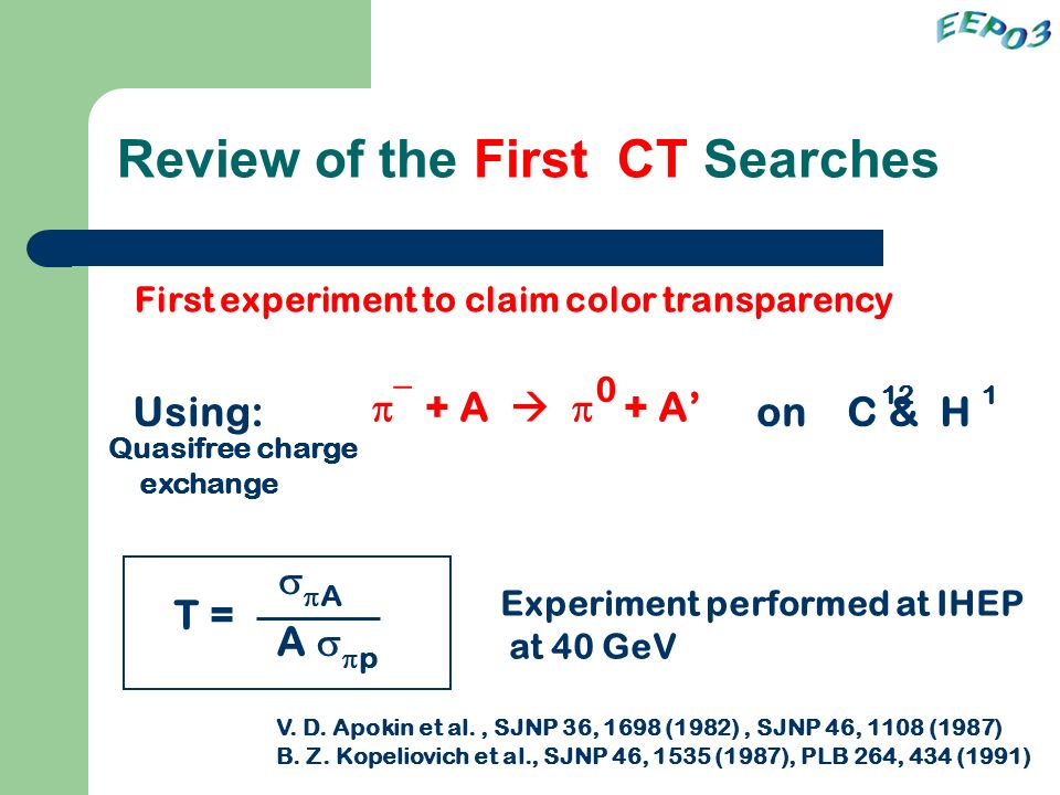 Review of the First CT Searches First experiment to claim color transparency Experiment performed at IHEP at 40 GeV Using: on C & H  + A   + A’ T =  A  AA pp _ V.