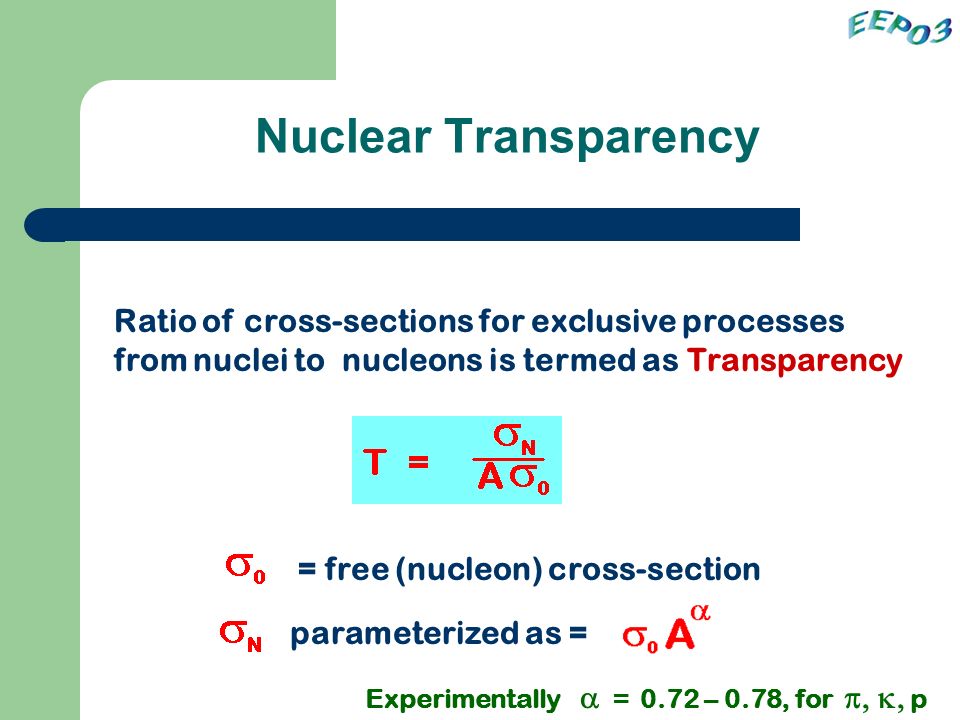 Nuclear Transparency Ratio of cross-sections for exclusive processes from nuclei to nucleons is termed as Transparency = free (nucleon) cross-section parameterized as = Experimentally  = 0.72 – 0.78, for  p