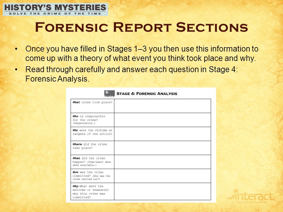 Once you have filled in Stages 1–3 you then use this information to come up with a theory of what event you think took place and why.