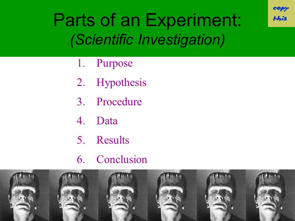 Parts of an Experiment: (Scientific Investigation) 1.Purpose 2.Hypothesis 3.Procedure 4.Data 5.Results 6.Conclusion