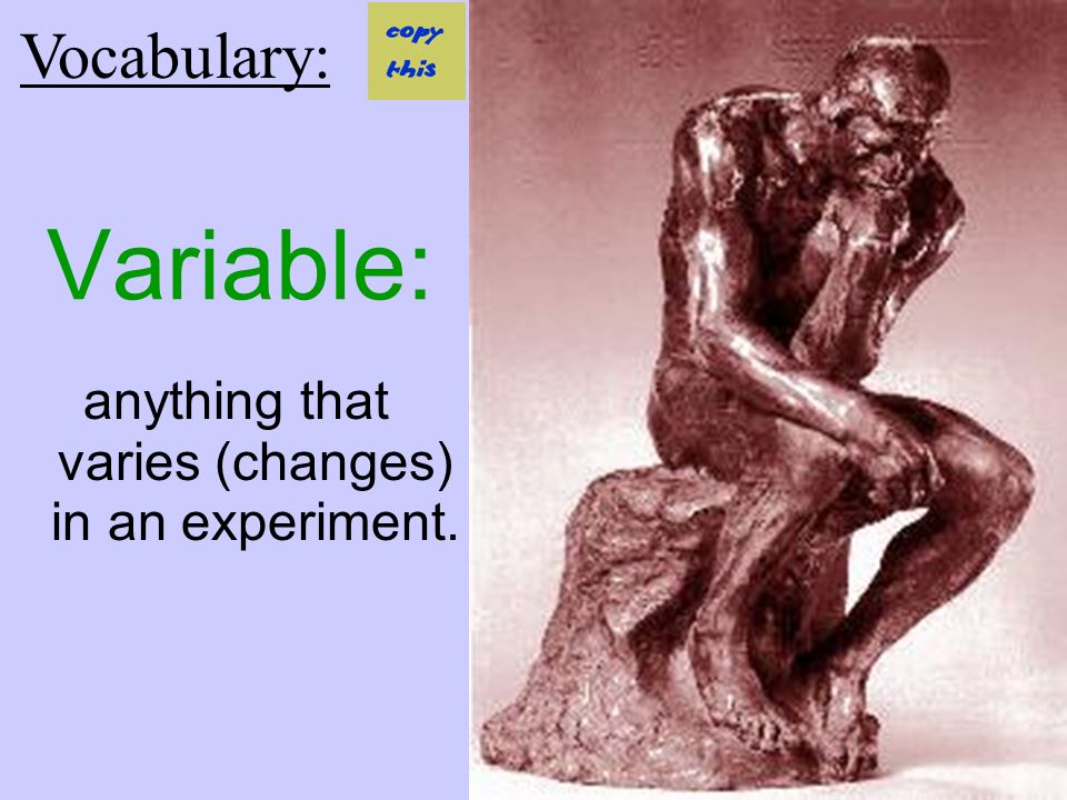Variable: anything that varies (changes) in an experiment. Vocabulary: