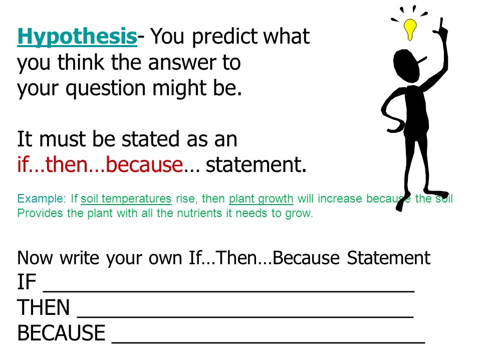 Hypothesis- You predict what you think the answer to your question might be.