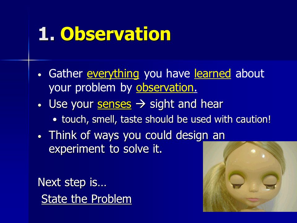 1. Observation Gather everything you have learned about your problem by observation.