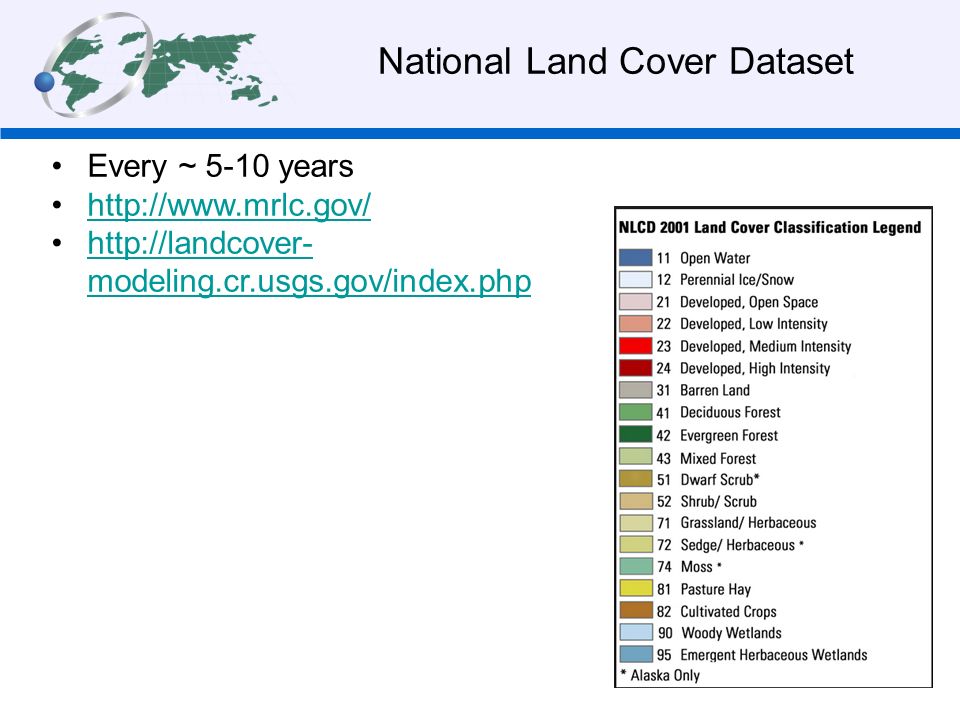 National Land Cover Dataset Every ~ 5-10 years     modeling.cr.usgs.gov/index.phphttp://landcover- modeling.cr.usgs.gov/index.php