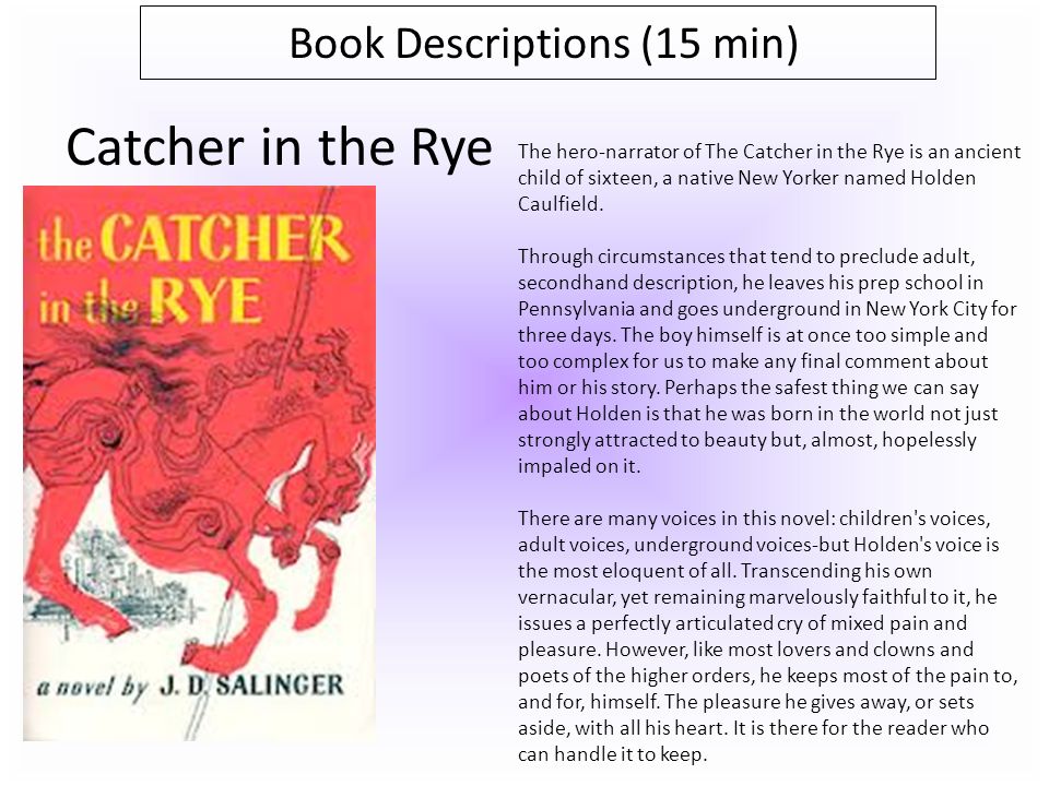 Book Descriptions (15 min) Catcher in the Rye The hero-narrator of The Catcher in the Rye is an ancient child of sixteen, a native New Yorker named Holden Caulfield.