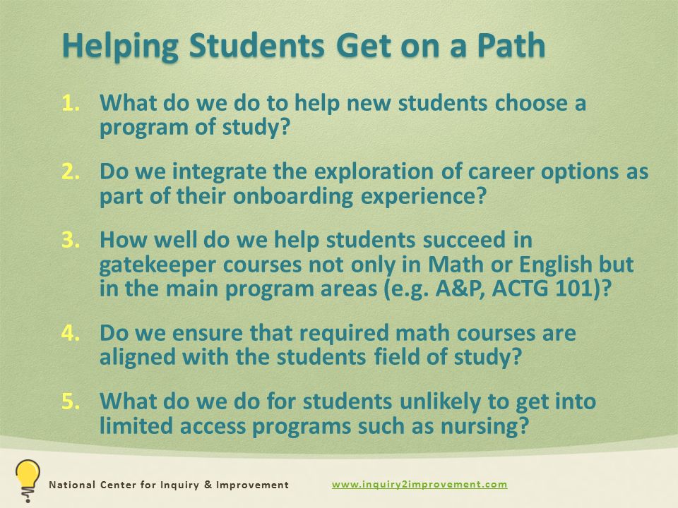 National Center for Inquiry & Improvement Helping Students Get on a Path 1.What do we do to help new students choose a program of study.