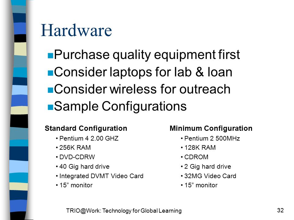 Technology for Global Learning 32 Hardware Standard Configuration Pentium GHZ 256K RAM DVD-CDRW 40 Gig hard drive Integrated DVMT Video Card 15 monitor n Purchase quality equipment first n Consider laptops for lab & loan n Consider wireless for outreach n Sample Configurations Minimum Configuration Pentium 2 500MHz 128K RAM CDROM 2 Gig hard drive 32MG Video Card 15 monitor