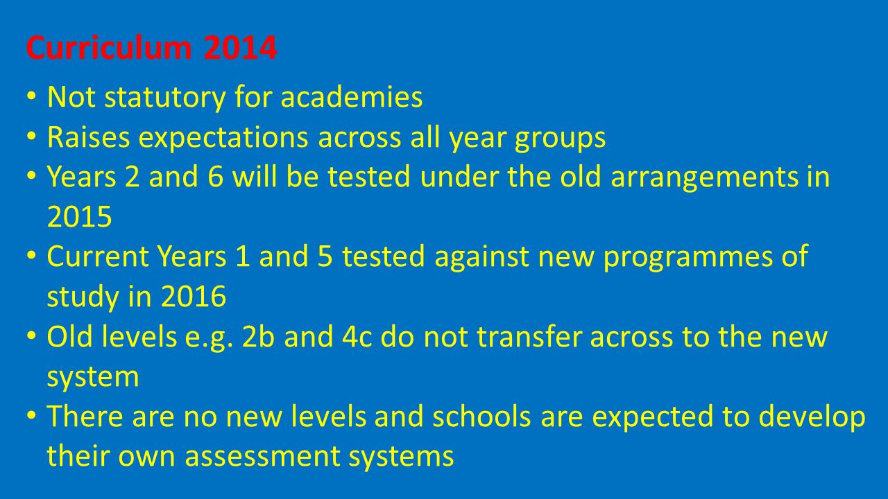 Curriculum 2014 Not statutory for academies Raises expectations across all year groups Years 2 and 6 will be tested under the old arrangements in 2015 Current Years 1 and 5 tested against new programmes of study in 2016 Old levels e.g.