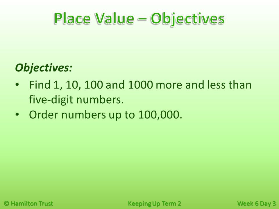 © Hamilton Trust Keeping Up Term 2 Week 6 Day 3 Objectives: Find 1, 10, 100 and 1000 more and less than five-digit numbers.