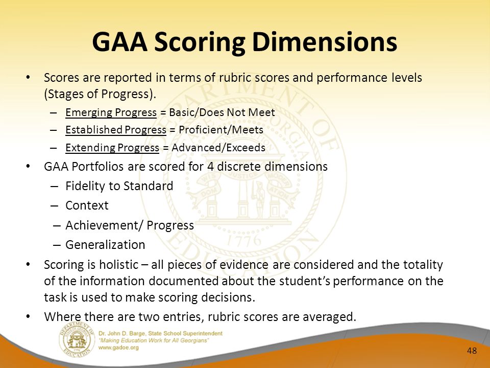 GAA Scoring Dimensions Scores are reported in terms of rubric scores and performance levels (Stages of Progress).