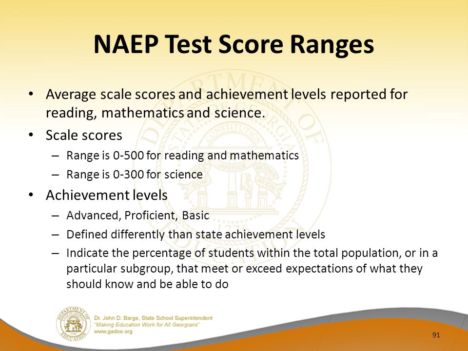 NAEP Test Score Ranges Average scale scores and achievement levels reported for reading, mathematics and science.