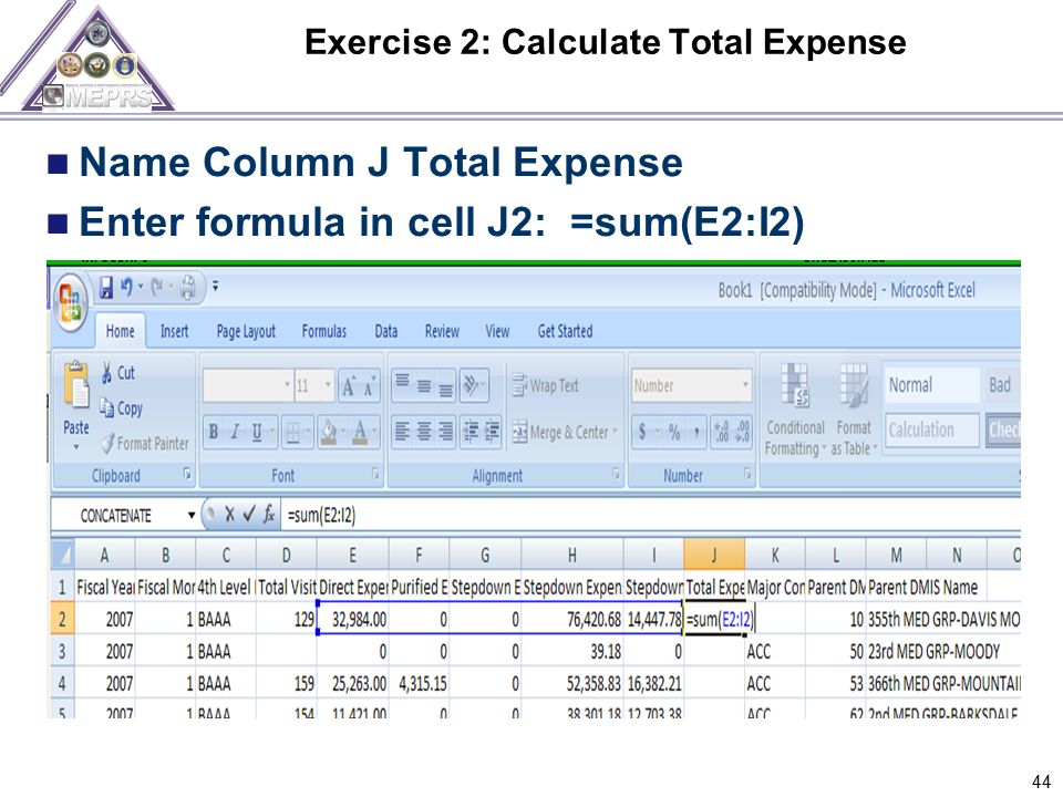 Exercise 2: Calculate Total Expense 44 Name Column J Total Expense Enter formula in cell J2: =sum(E2:I2)