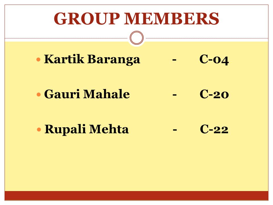 GROUP MEMBERS Kartik Baranga-C-04 Gauri Mahale-C-20 Rupali Mehta-C-22