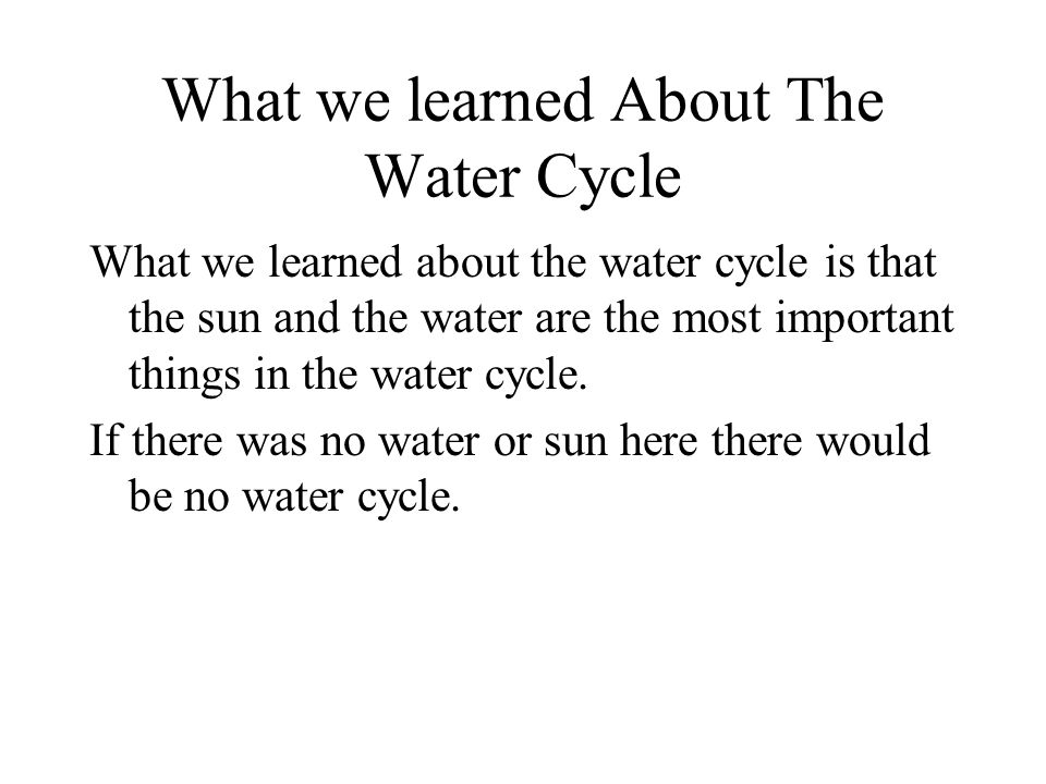 What we learned About The Water Cycle What we learned about the water cycle is that the sun and the water are the most important things in the water cycle.
