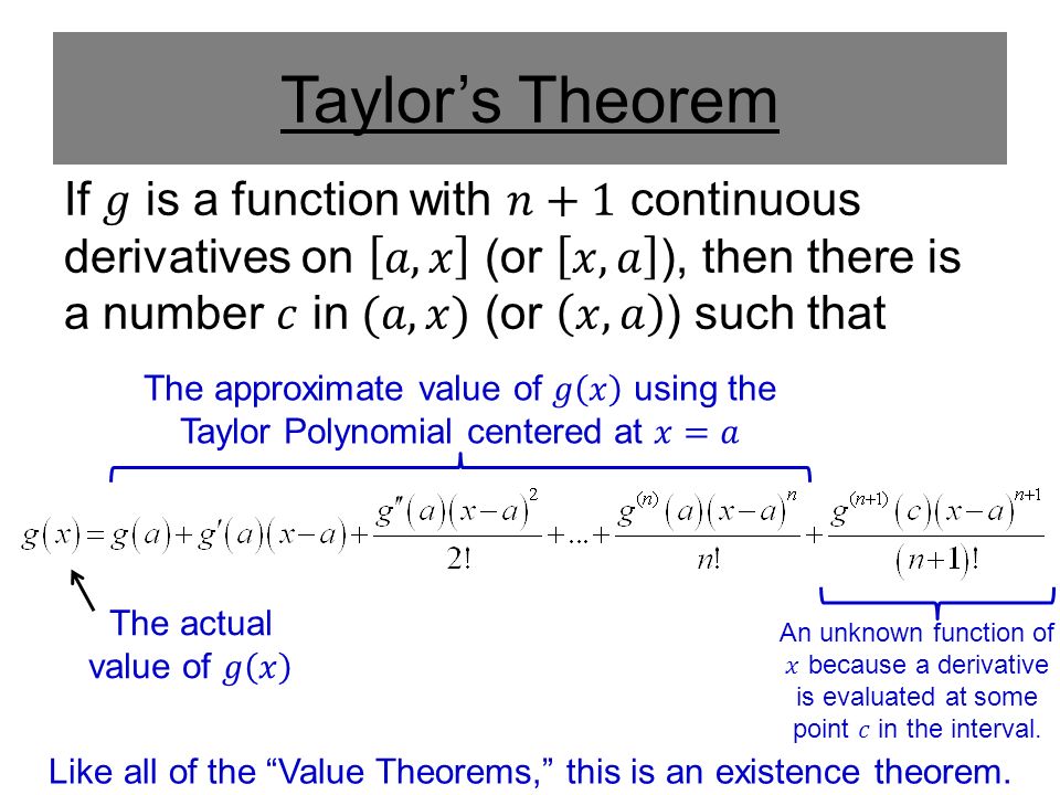 Taylor’s Theorem Like all of the Value Theorems, this is an existence theorem.