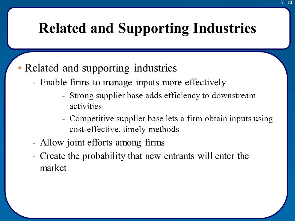 Related and Supporting Industries Related and supporting industries -Enable firms to manage inputs more effectively -Strong supplier base adds efficiency to downstream activities -Competitive supplier base lets a firm obtain inputs using cost-effective, timely methods -Allow joint efforts among firms -Create the probability that new entrants will enter the market