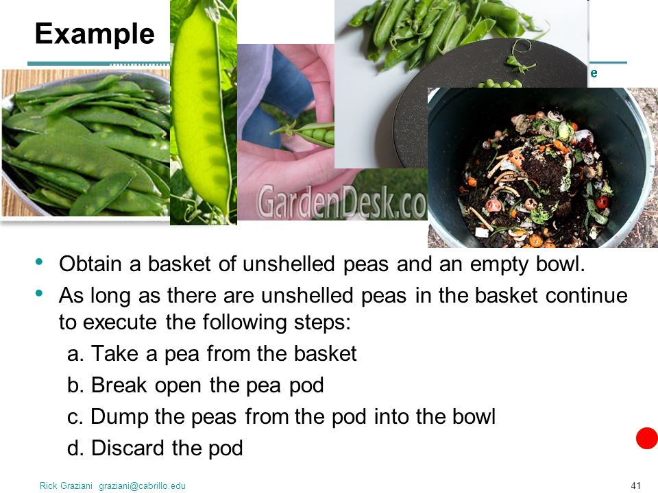 Rick Graziani Example Obtain a basket of unshelled peas and an empty bowl.