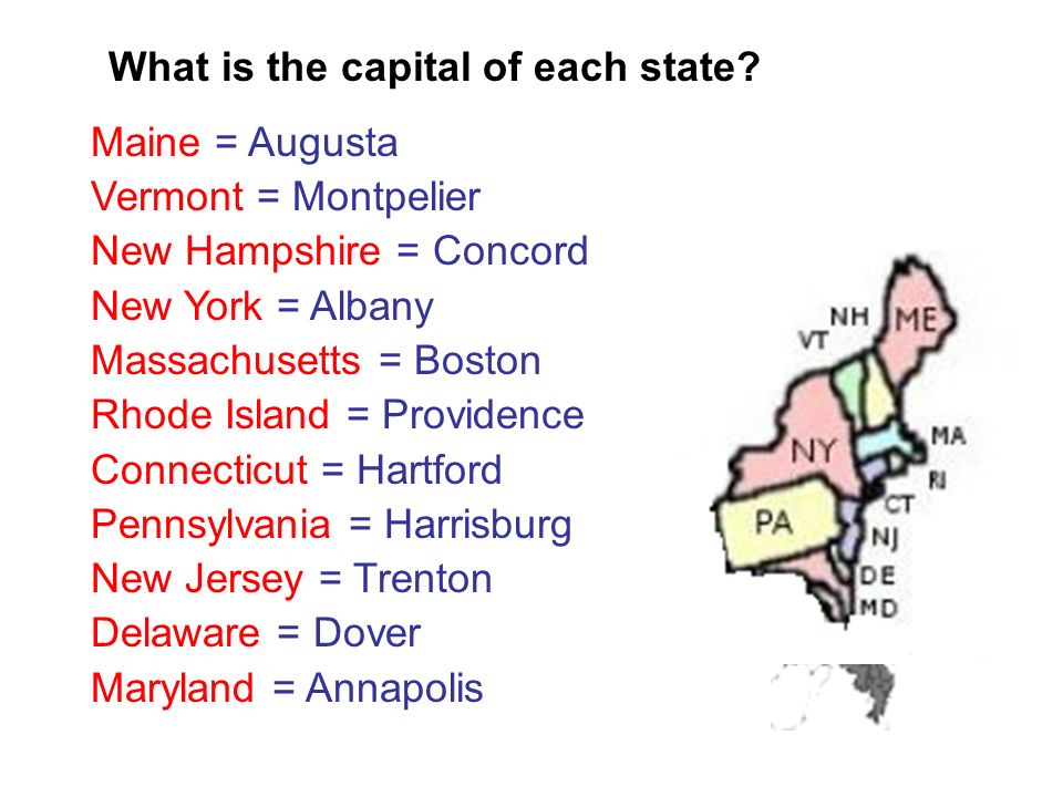 Maine = Augusta Vermont = Montpelier New Hampshire = Concord New York = Albany Massachusetts = Boston Rhode Island = Providence Connecticut = Hartford Pennsylvania = Harrisburg New Jersey = Trenton Delaware = Dover Maryland = Annapolis What is the capital of each state
