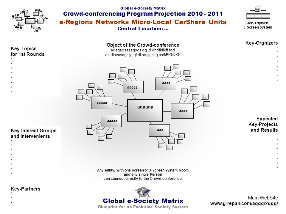 Global e-Society Matrix Crowd-conferencing Program Projection Global e-Society Matrix Blueprint for na Evolutive Society System Glob-Triptych 3-Screen System aaaa aaaaa aaa aaaaa aaaaaa aaaa Key-Partners * Main WebSite   Key-Topics for 1st Rounds * Key-Orgnizers * Key-Interest Groups and Intervenients * Expected Key-Projects and Results * Any entity, with one screen or 3-Screen System Room and any single Person can connect directly to the Crowd-conference.
