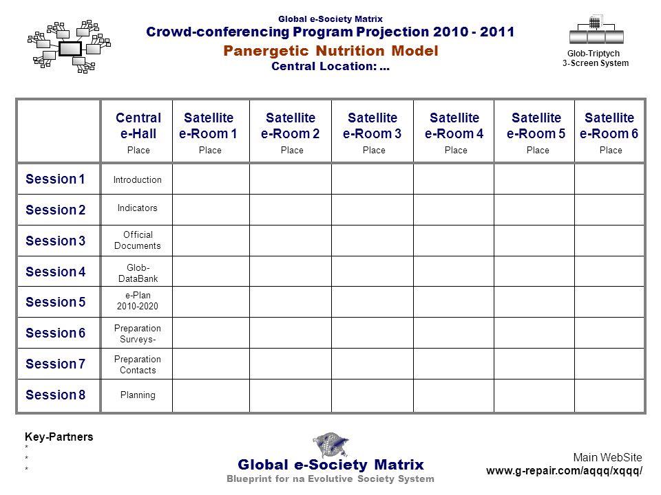Global e-Society Matrix Crowd-conferencing Program Projection Global e-Society Matrix Blueprint for na Evolutive Society System Glob-Triptych 3-Screen System Central e-Hall Place Session 1 Session 2 Session 3 Session 4 Session 5 Session 6 Session 7 Session 8 Satellite e-Room 1 Place Satellite e-Room 2 Place Satellite e-Room 3 Place Satellite e-Room 4 Place Satellite e-Room 5 Place Satellite e-Room 6 Place Key-Partners * Main WebSite   Introduction Indicators Official Documents Glob- DataBank Preparation Surveys- Preparation Contacts e-Plan Planning Panergetic Nutrition Model Central Location:...