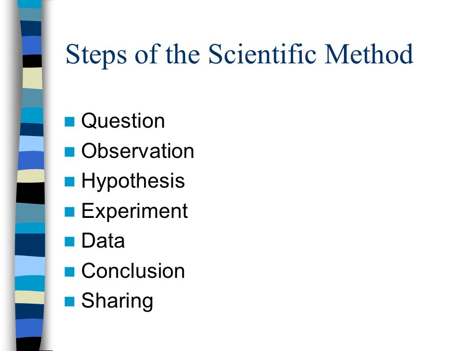 Steps of the Scientific Method Question Observation Hypothesis Experiment Data Conclusion Sharing