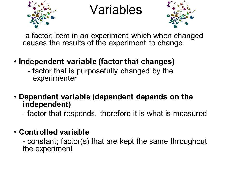 Variables -a factor; item in an experiment which when changed causes the results of the experiment to change Independent variable (factor that changes) - factor that is purposefully changed by the experimenter Dependent variable (dependent depends on the independent) - factor that responds, therefore it is what is measured Controlled variable - constant; factor(s) that are kept the same throughout the experiment