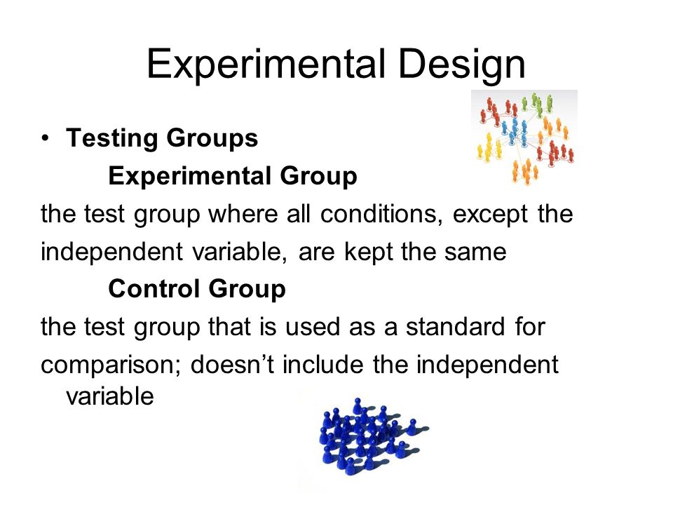 Experimental Design Testing Groups Experimental Group the test group where all conditions, except the independent variable, are kept the same Control Group the test group that is used as a standard for comparison; doesn’t include the independent variable