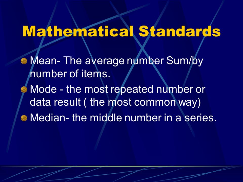 Mathematical Standards Mean- The average number Sum/by number of items.
